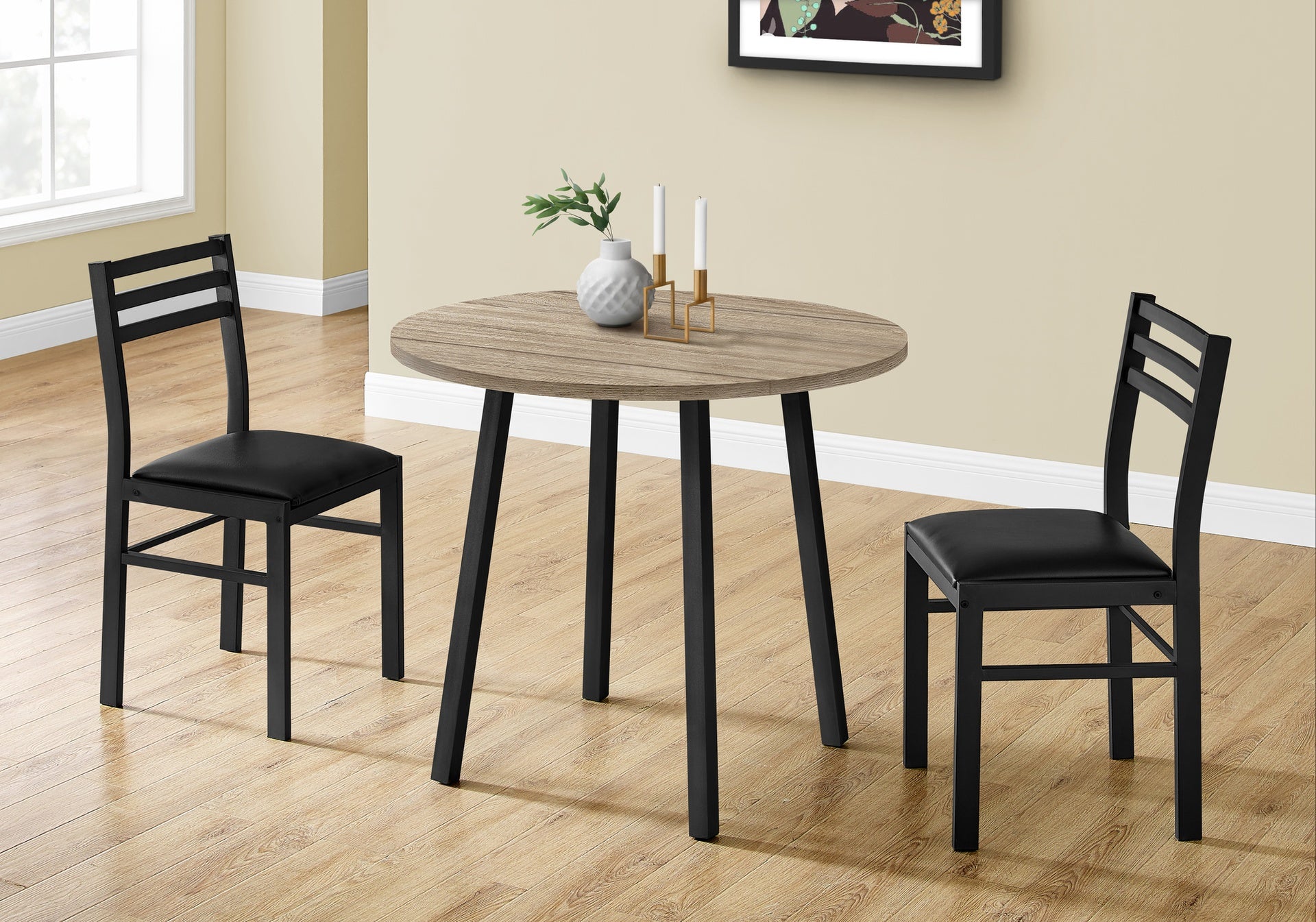 Dining Table Set, 3pcs Set, Small, 35" Drop Leaf, Kitchen, Black Metal, Brown Laminate, Contemporary, Modern