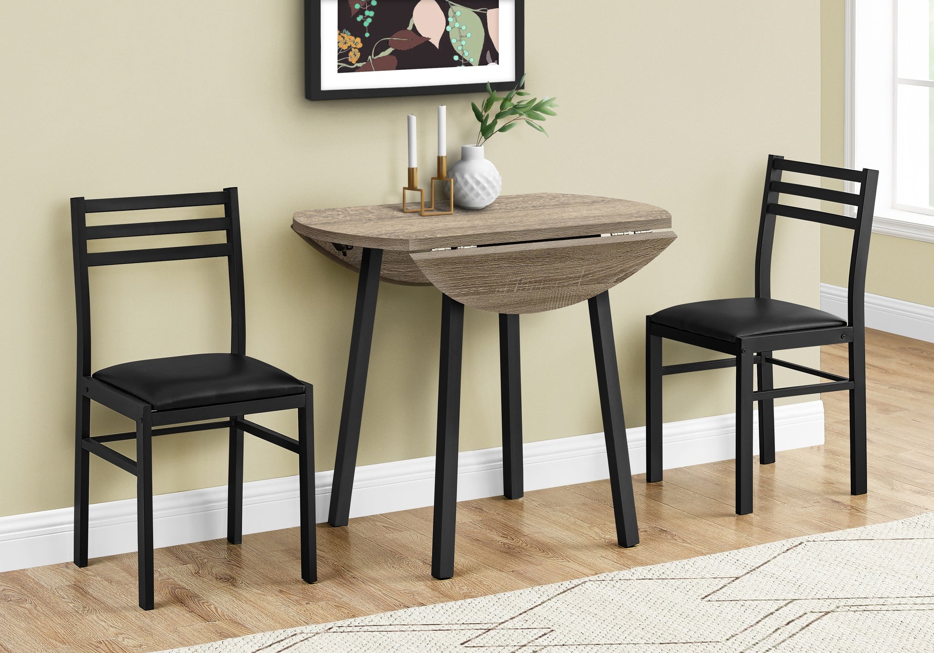 Dining Table Set, 3pcs Set, Small, 35" Drop Leaf, Kitchen, Black Metal, Brown Laminate, Contemporary, Modern