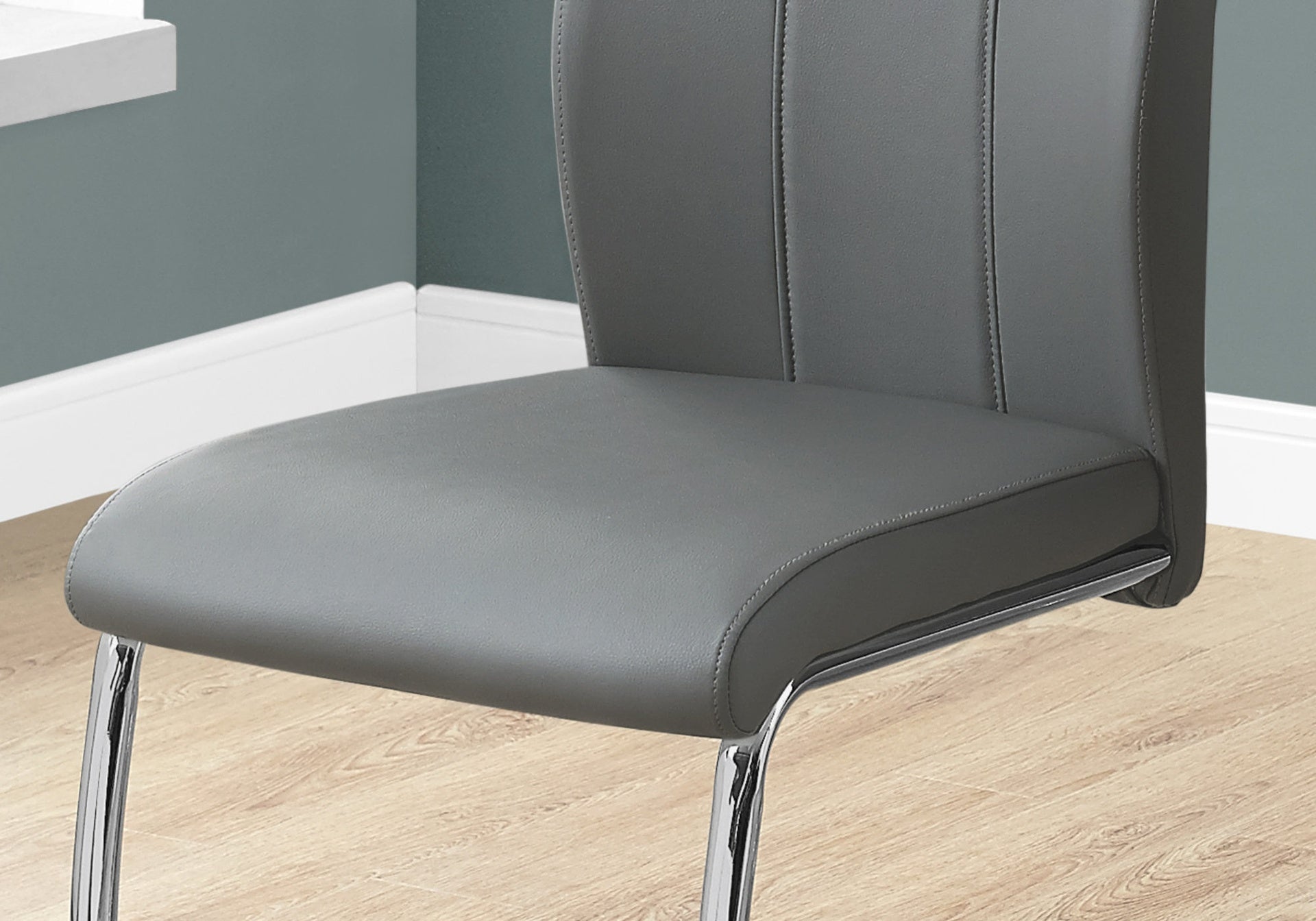 Dining Chair, Set Of 2, Side, Upholstered, Kitchen, Dining Room, 39" Height, Grey Leather Look, Chrome Metal, Contemporary, Modern
