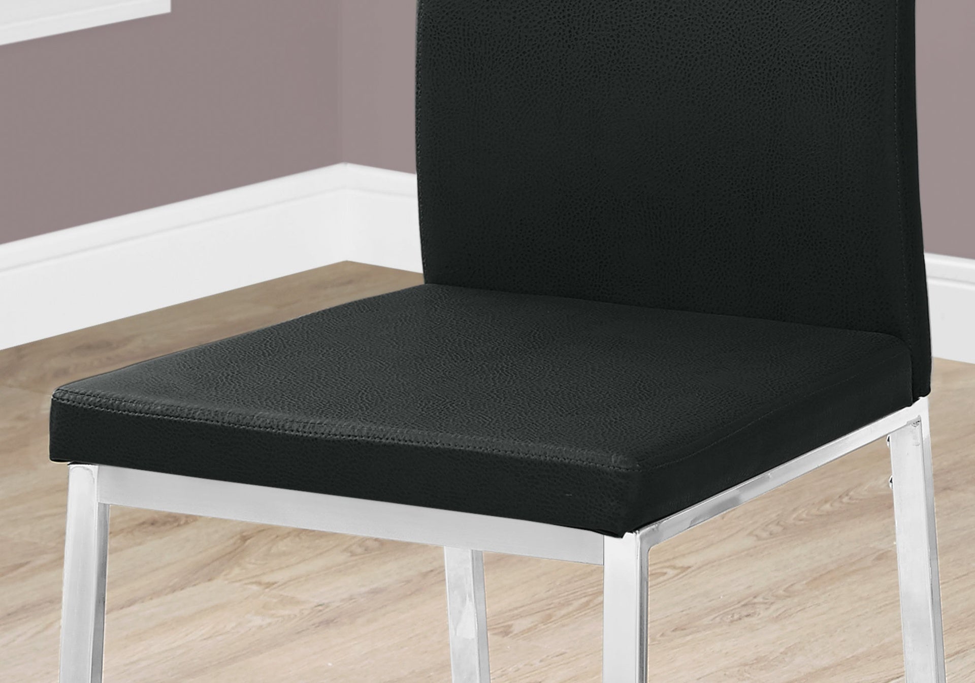 Dining Chair, Set Of 2, Side, Upholstered, Kitchen, Dining Room, Black Leather Look, Chrome Metal, Contemporary, Modern