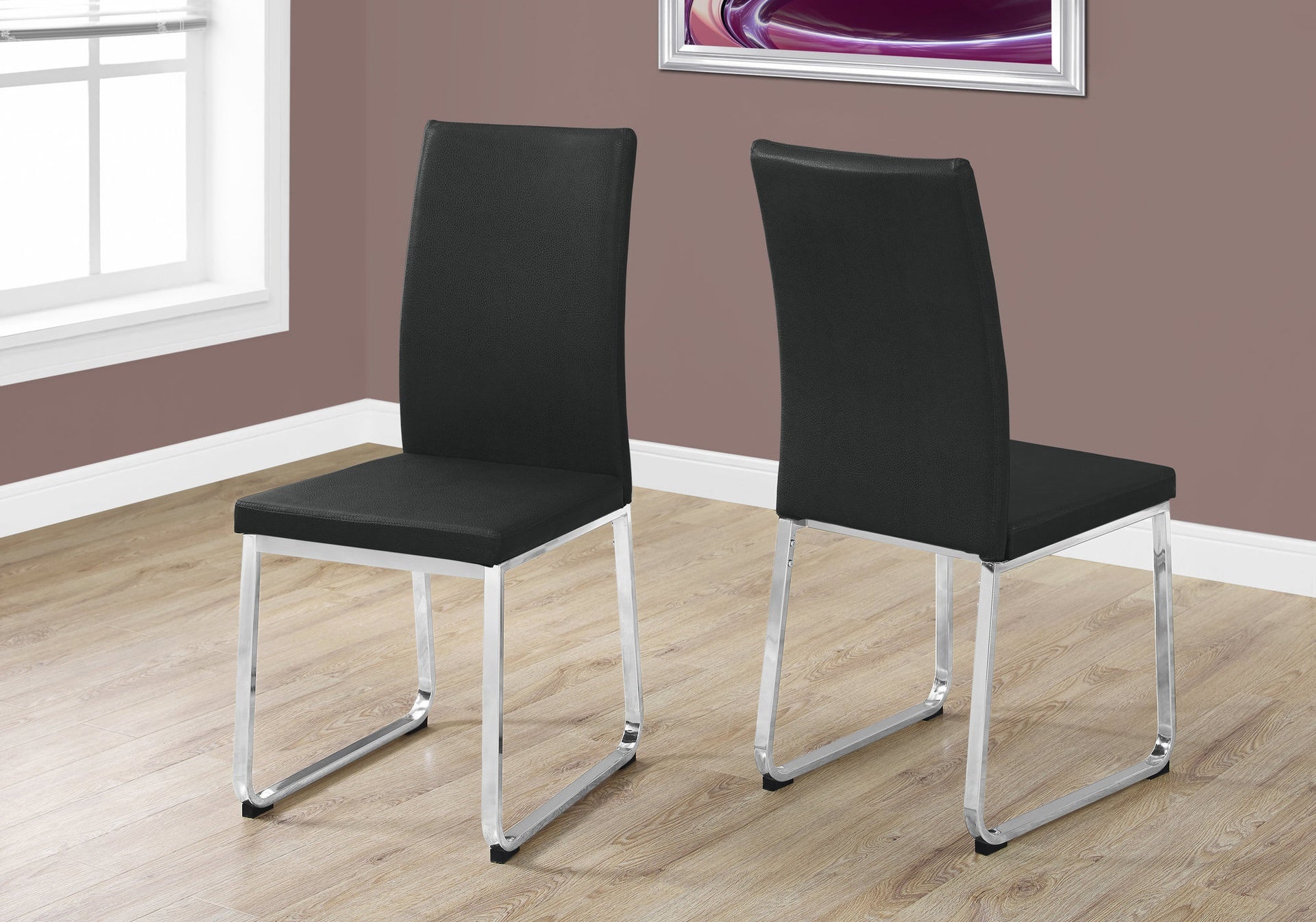 Dining Chair, Set Of 2, Side, Upholstered, Kitchen, Dining Room, Black Leather Look, Chrome Metal, Contemporary, Modern