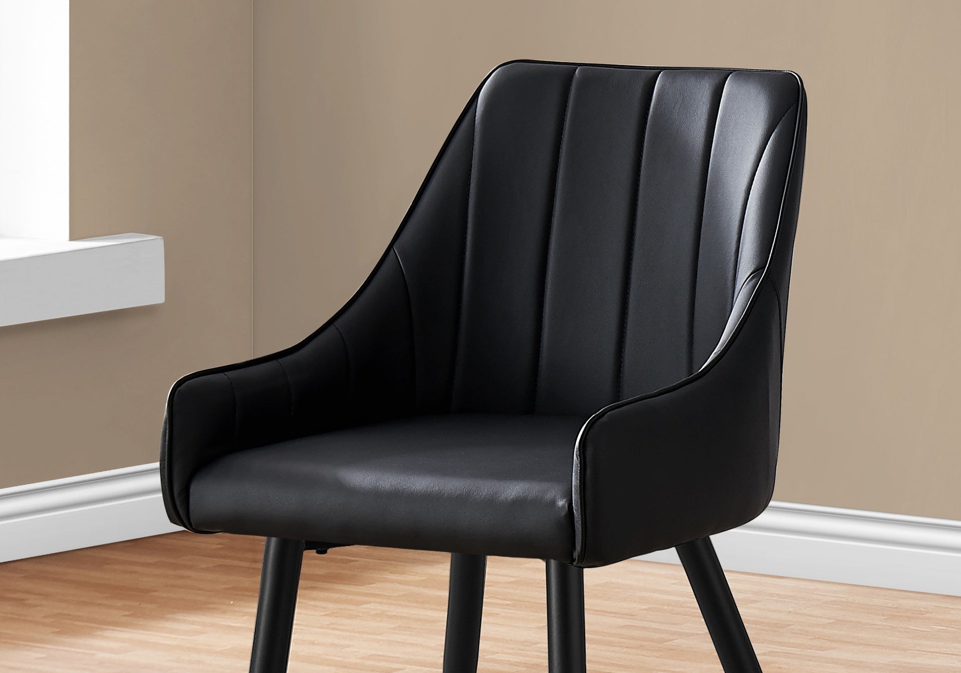 Dining Chair, Set Of 2, Side, Upholstered, Kitchen, Dining Room, Black Leather Look, Black Metal, Contemporary, Modern