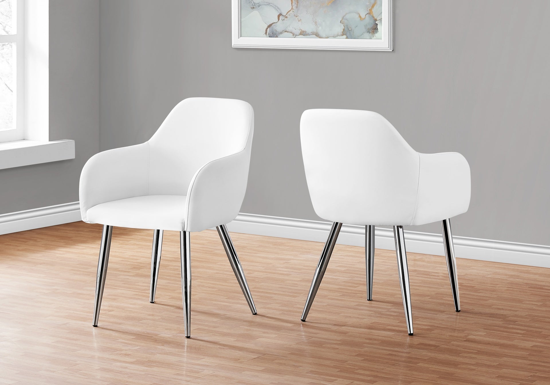 Dining Chair, Set Of 2, Side, Upholstered, Kitchen, Dining Room, White Leather Look, Chrome Metal, Contemporary, Modern