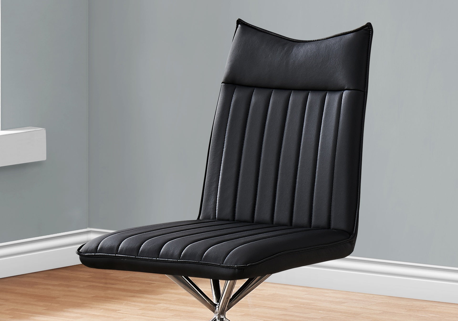 Dining Chair, Set Of 2, Side, Upholstered, Kitchen, Dining Room, Black Leather Look, Chrome Metal, Contemporary, Modern