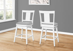 Bar Stool, Set Of 2, Swivel, Counter Height, Kitchen, White Wood, Grey Leather Look, Transitional