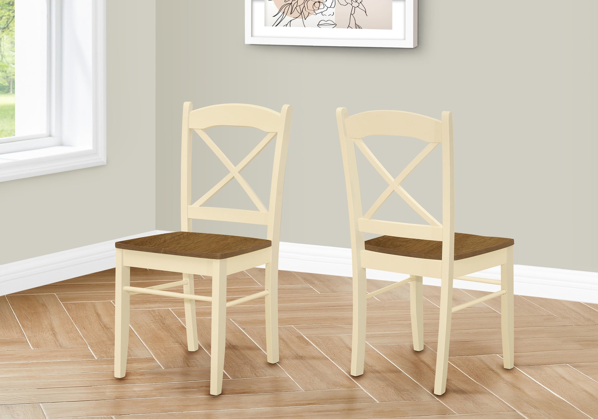 Dining Chair, Set Of 2, Side, Kitchen, Dining Room, Oak And Cream, Wood Legs, Transitional