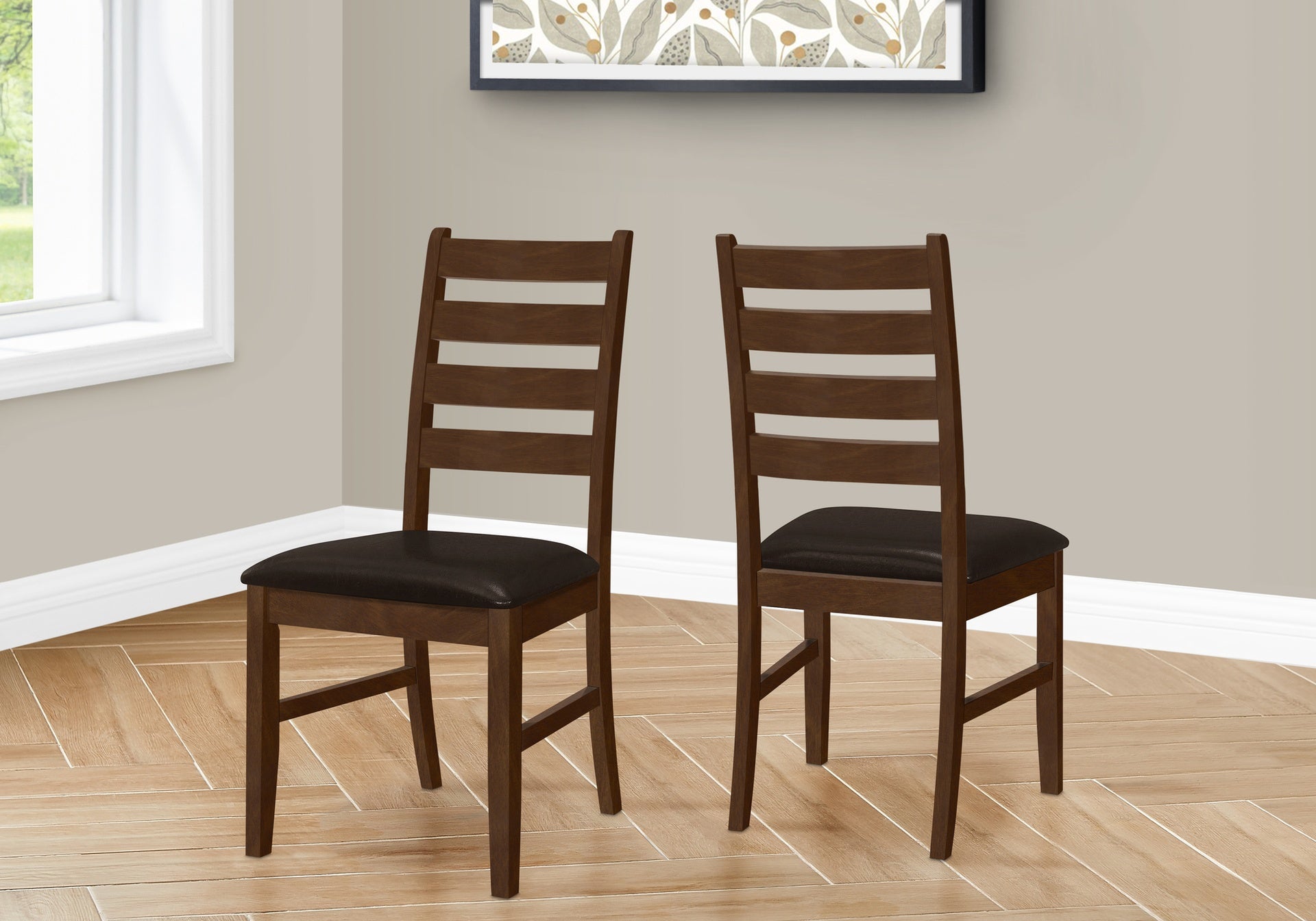 Dining Chair, 37" Height, Set Of 2, Dining Room, Kitchen, Side, Upholstered, Brown Solid Wood, Brown Leather Look, Transitional