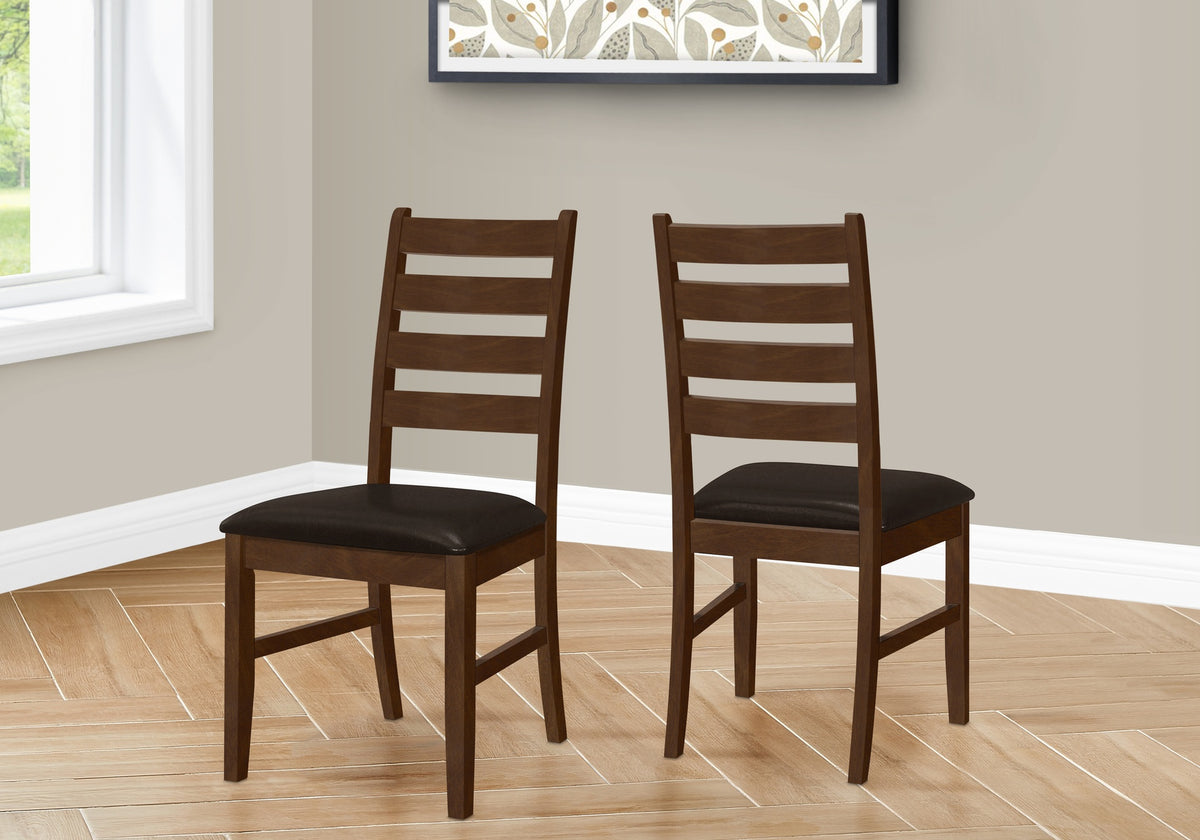 Dining Chair, 37" Height, Set Of 2, Dining Room, Kitchen, Side, Upholstered, Brown Solid Wood, Brown Leather Look, Transitional