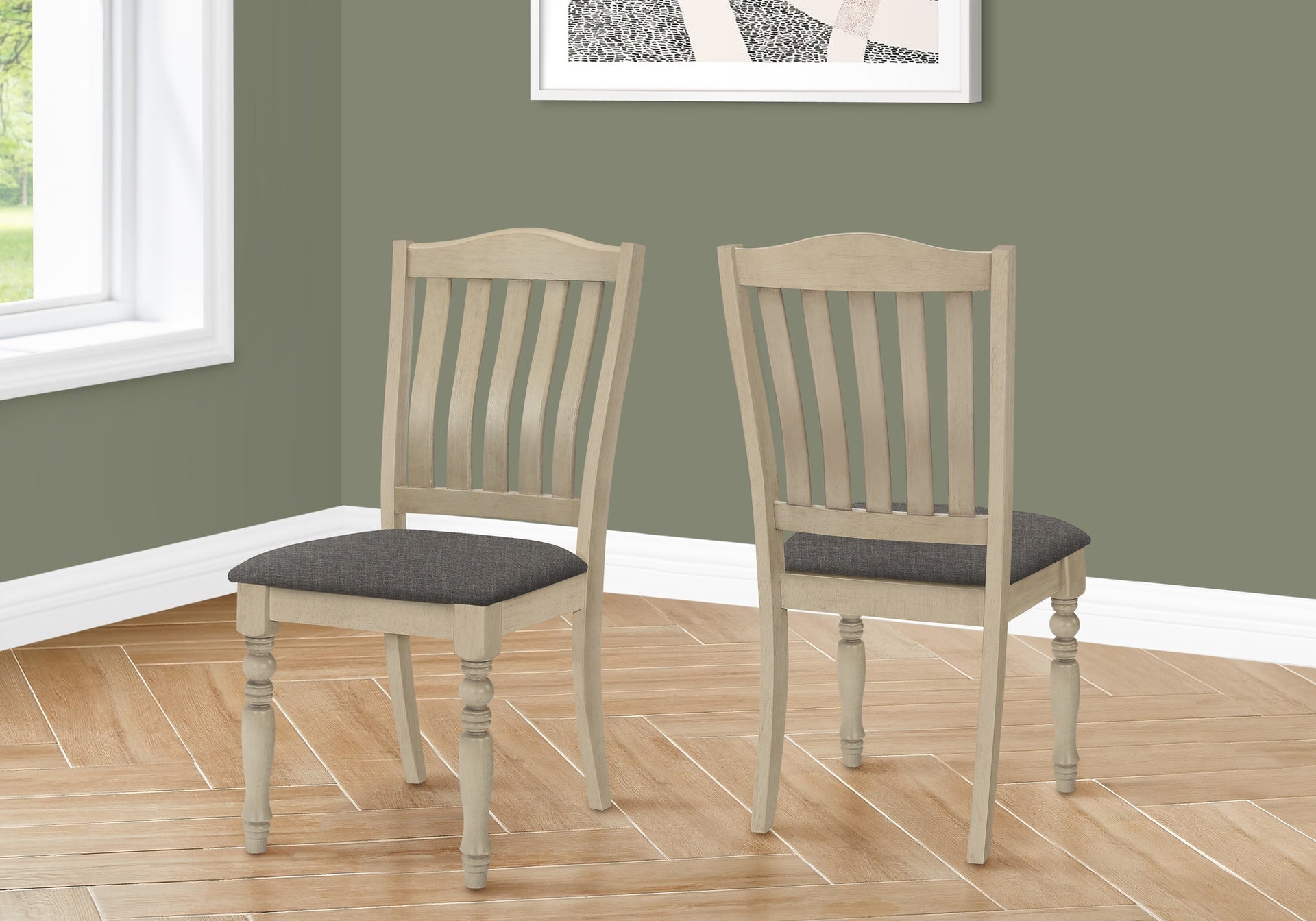 Dining Chair, 39" Height, Set Of 2, Upholstered, Dining Room, Kitchen, Side, Antique Grey, Grey Fabric, Wood Legs, Transitional