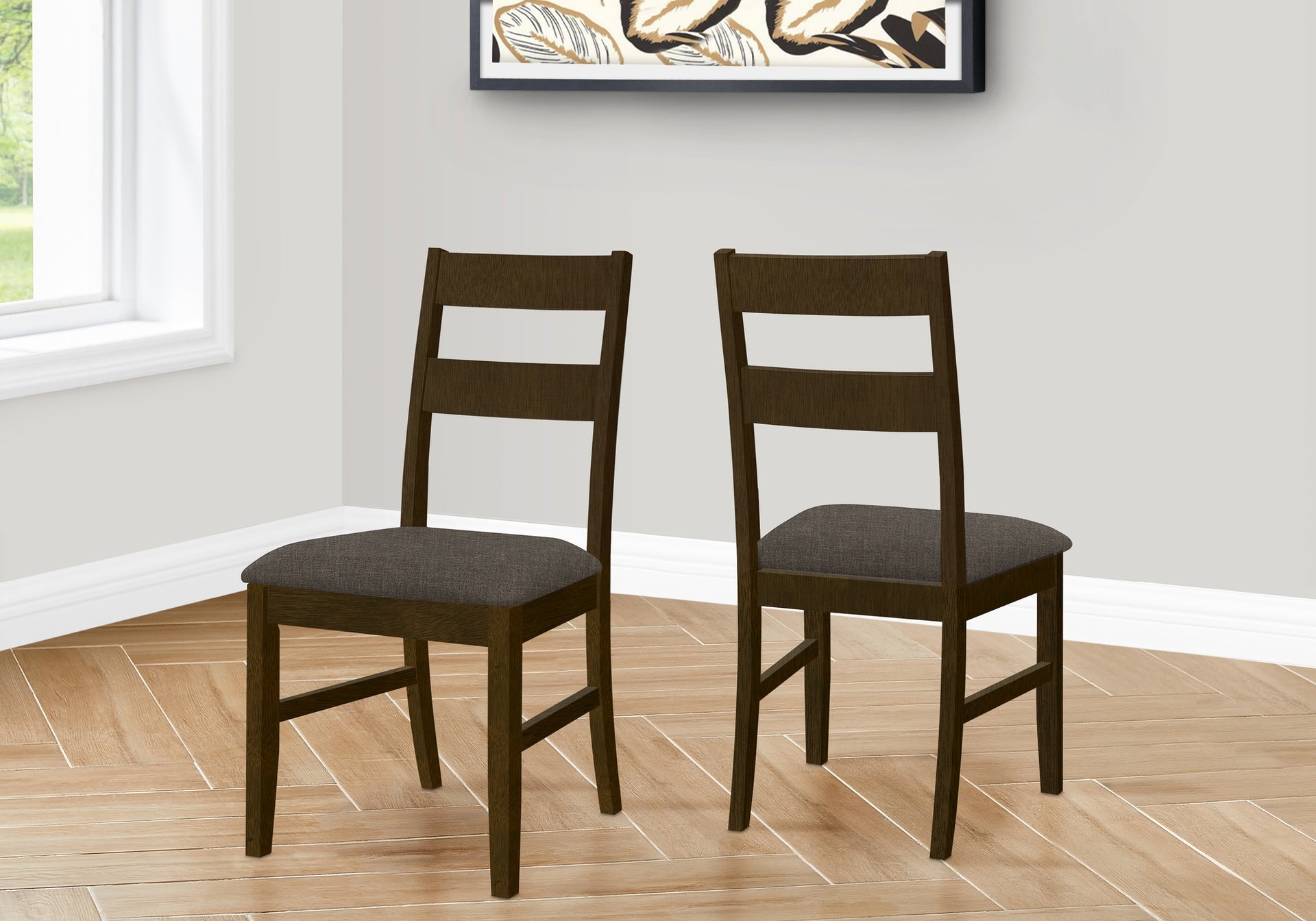 Dining Chair, 37" Height, Set Of 2, Upholstered, Side, Dining Room, Kitchen, Brown Solid Wood, Brown Fabric, Transitional