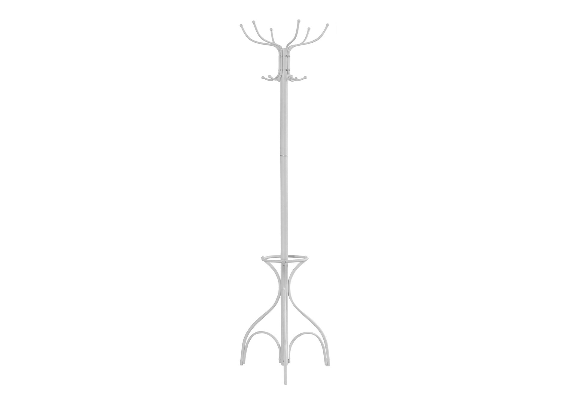 Coat Rack, Hall Tree, Free Standing, 12 Hooks, Entryway, 70"h, Umbrella Holder, Bedroom, White Metal, Contemporary, Modern