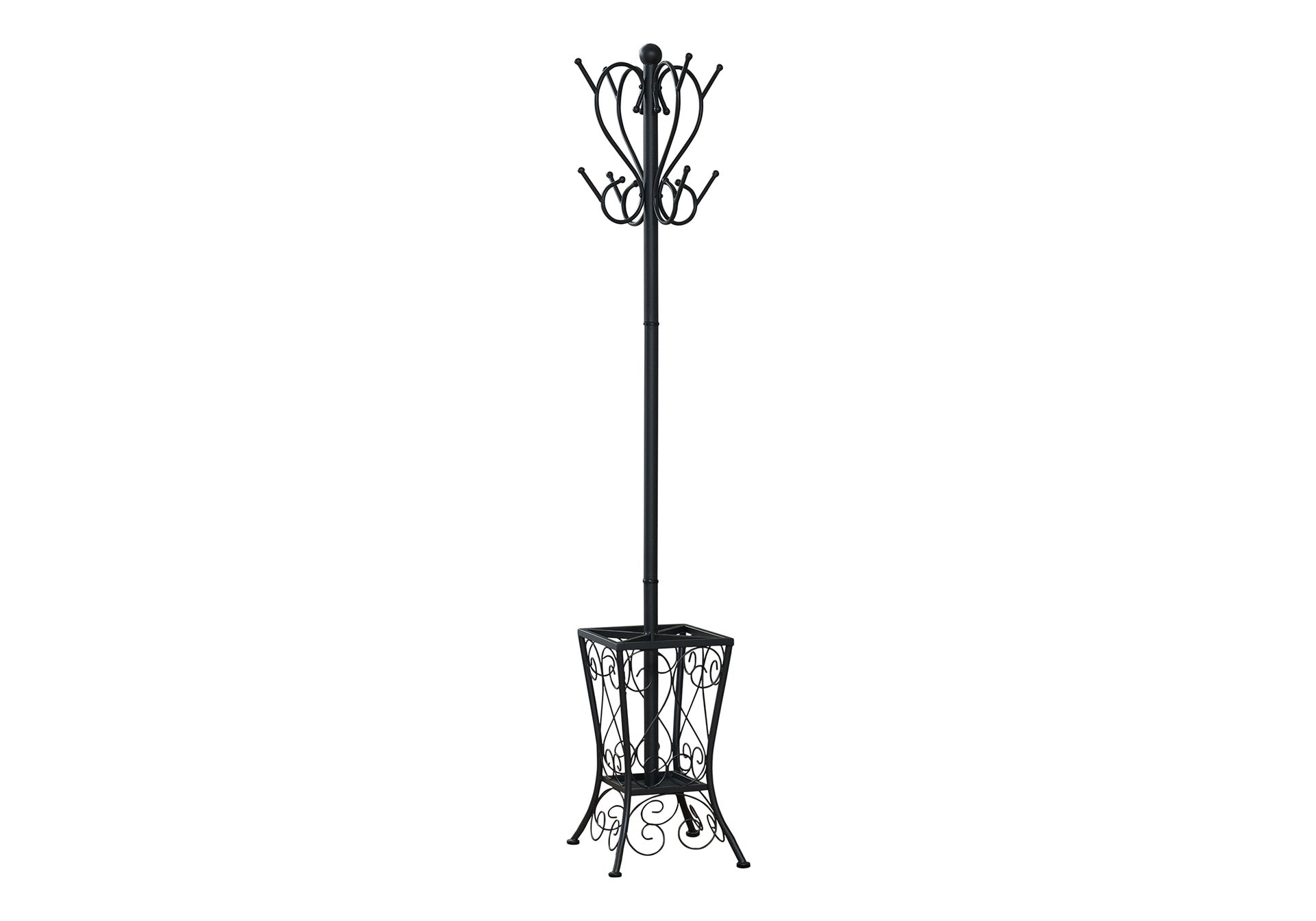 Coat Rack, Hall Tree, Free Standing, 8 Hooks, Entryway, 71"h, Umbrella Holder, Bedroom, Black Metal, Transitional