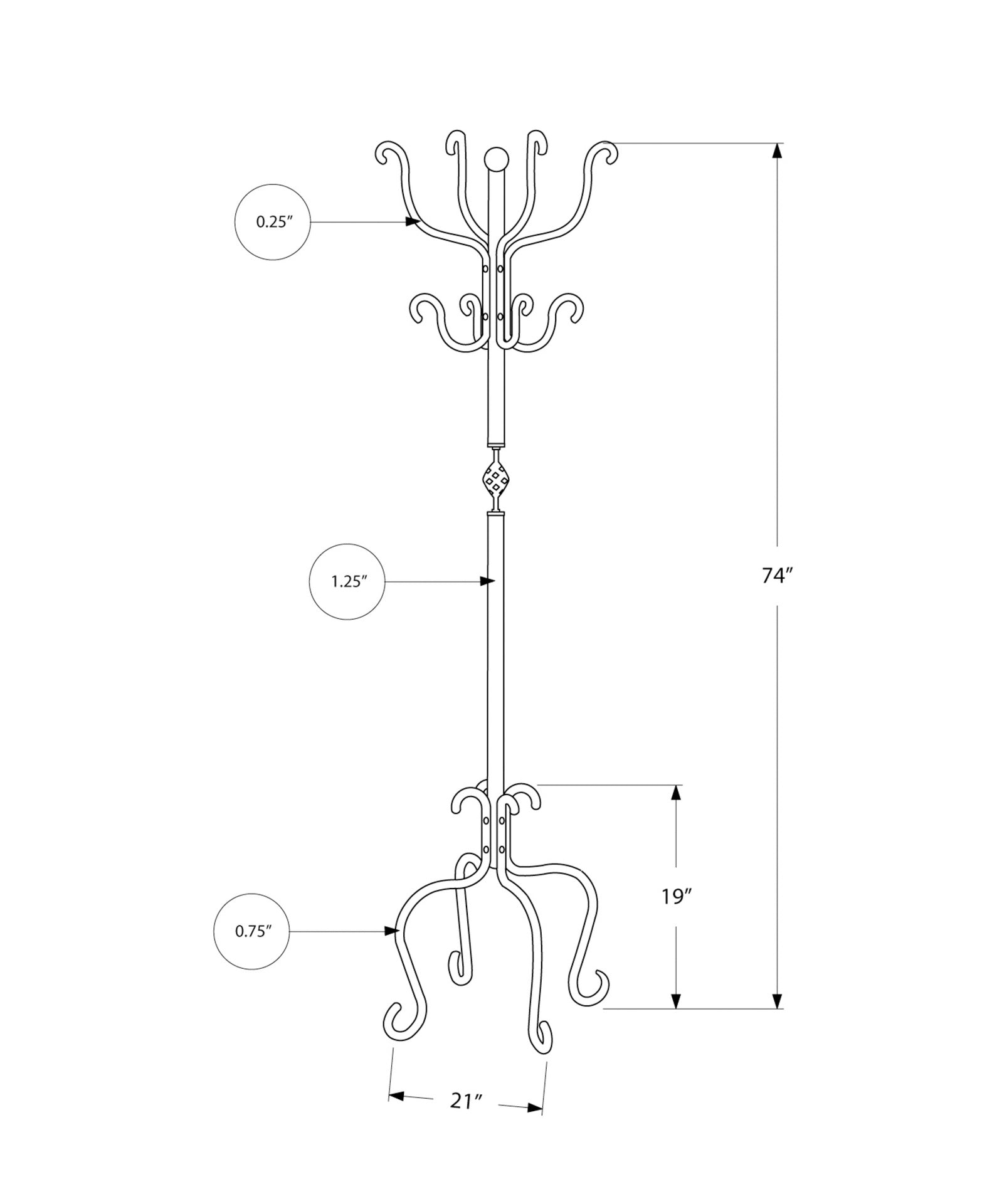 Coat Rack, Hall Tree, Free Standing, 8 Hooks, Entryway, 74"h, Bedroom, Black Metal, Transitional