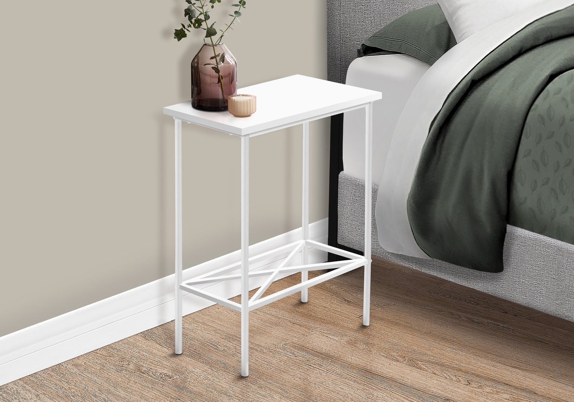 Accent Table, Side, End, Narrow, Small, 2 Tier, Living Room, Bedroom, White Laminate, White Metal, Contemporary, Modern