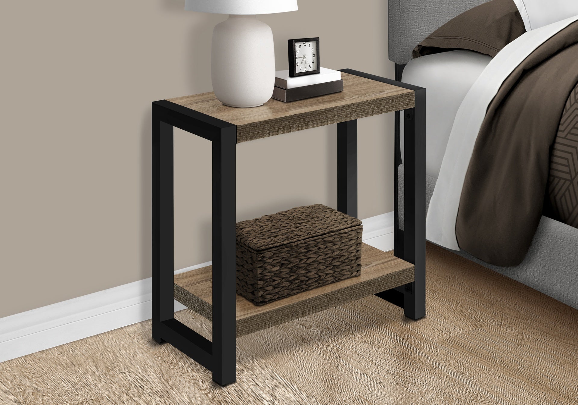 Accent Table, Side, End, Narrow, Small, 2 Tier, Living Room, Bedroom, Brown Laminate, Black Metal, Contemporary, Modern