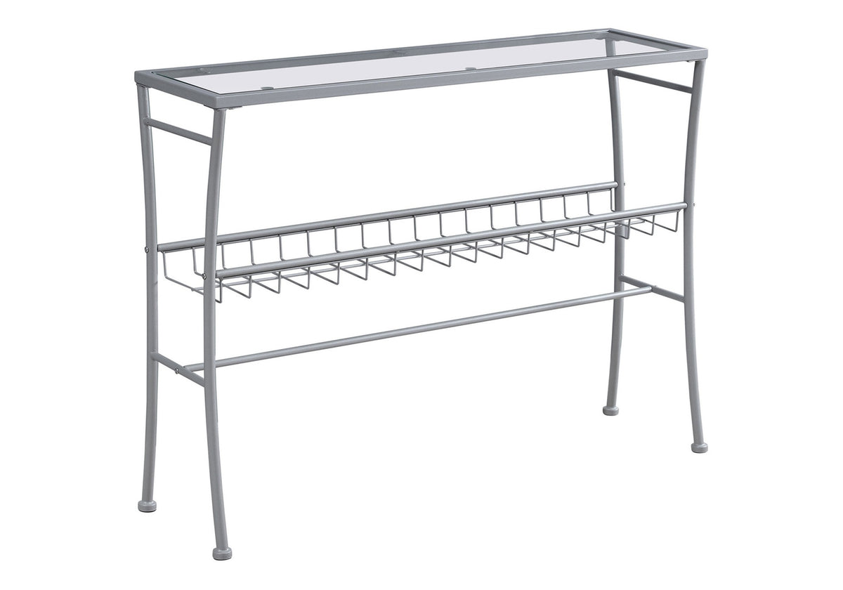 Accent Table, Console, Entryway, Narrow, Sofa, Living Room, Bedroom, Clear Tempered Glass, Silver Metal, Contemporary, Modern