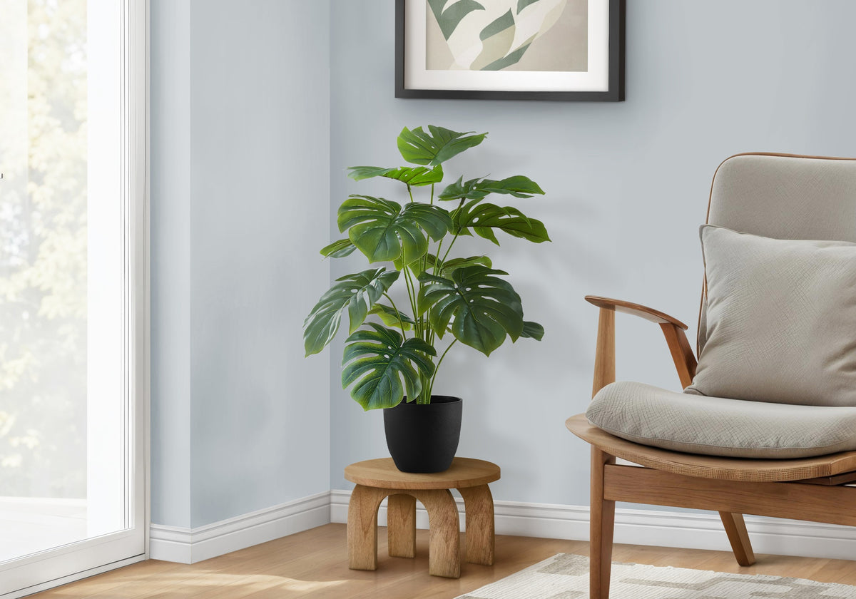 Artificial Plant, 24" Tall, Monstera, Indoor, Faux, Fake, Table, Greenery, Potted, Real Touch, Decorative, Green Leaves, Black Pot