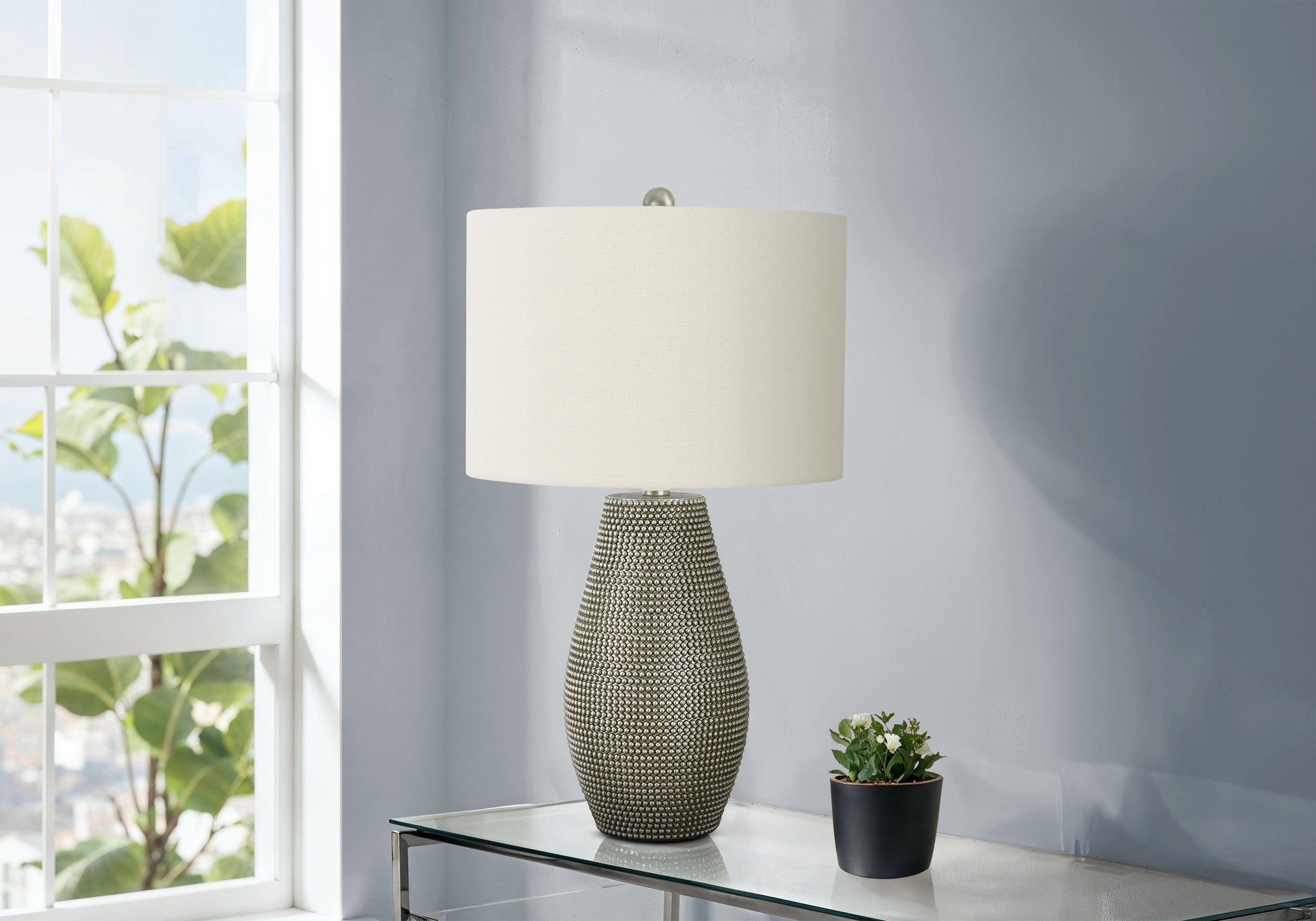 Lighting, 24"h, Table Lamp, Grey Resin, Ivory / Cream Shade, Contemporary
