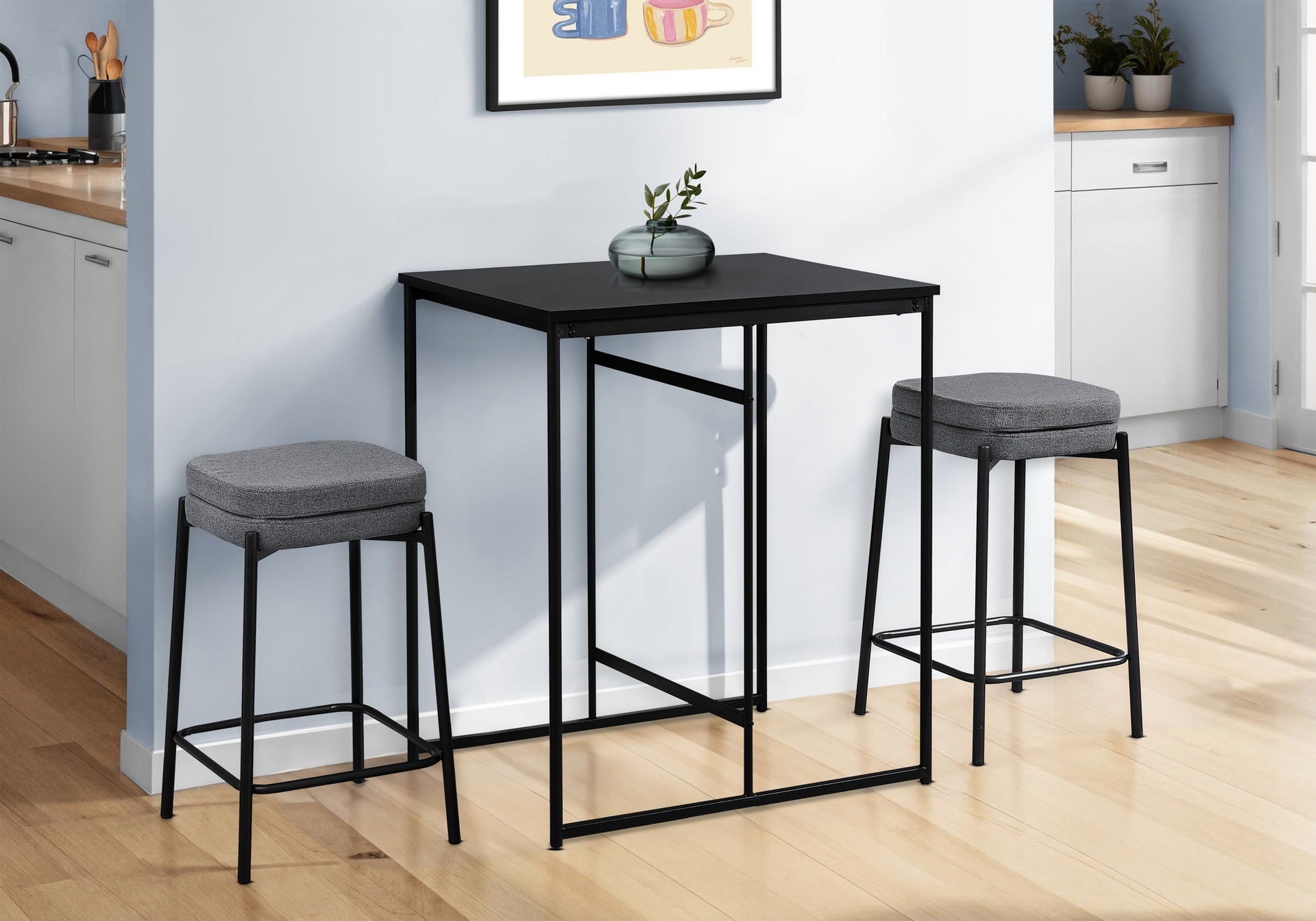 Barstool, Counter Height, Set Of 2, Kitchen, Grey Fabric, Black Metal, Contemporary, Modern