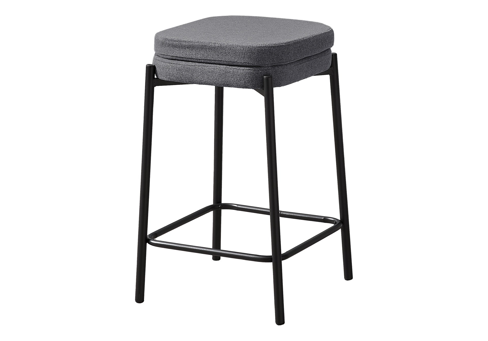 Barstool, Counter Height, Set Of 2, Kitchen, Grey Fabric, Black Metal, Contemporary, Modern