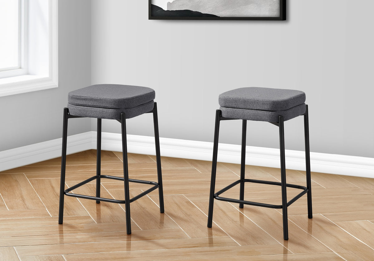 Barstool, Counter Height, Set Of 2, Kitchen, Grey Fabric, Black Metal, Contemporary, Modern