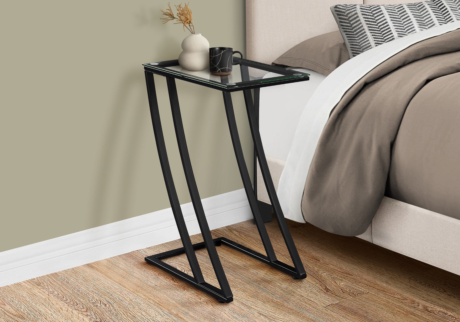 Accent Table, C-shaped, End, Side, Snack, Living Room, Bedroom, Tempered Glass, Black Metal, Contemporary, Modern
