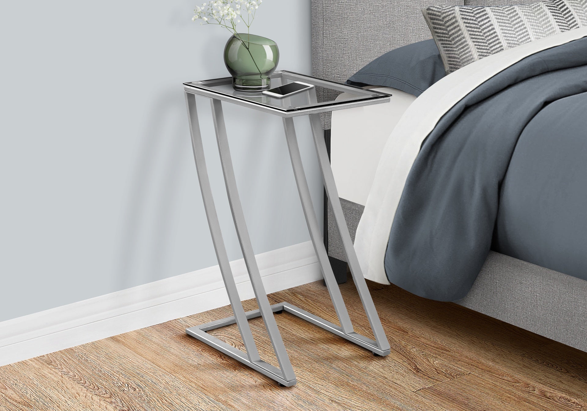 Accent Table, C-shaped, End, Side, Snack, Living Room, Bedroom, Tempered Glass, Grey Metal, Contemporary, Modern