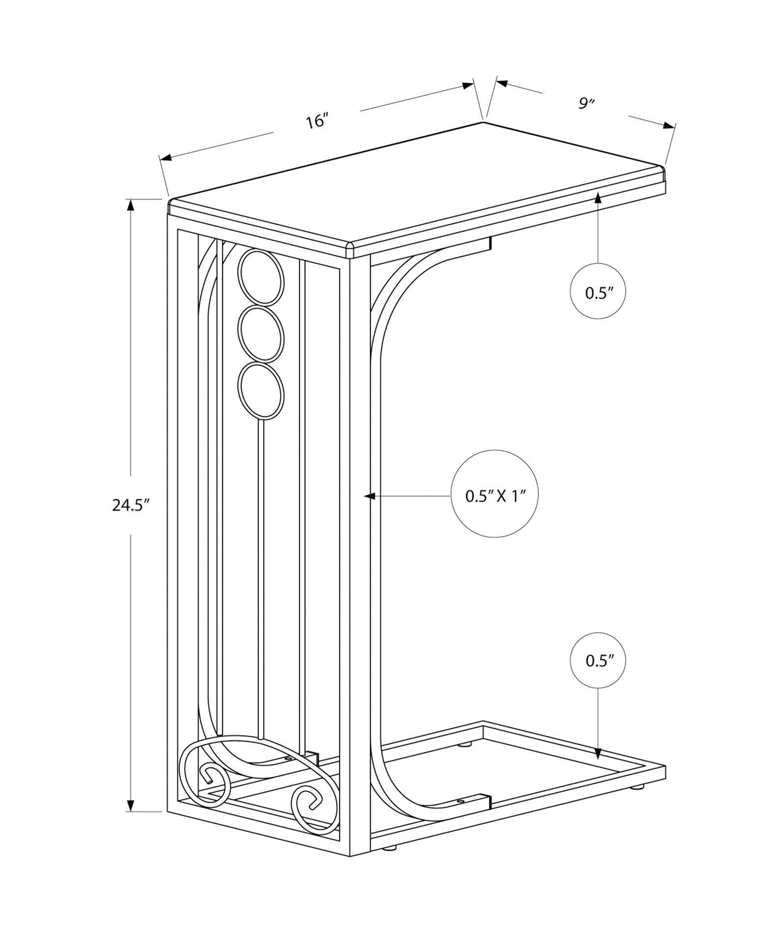 Accent Table, C-shaped, End, Side, Snack, Living Room, Bedroom, Black Laminate, Grey Metal, Transitional