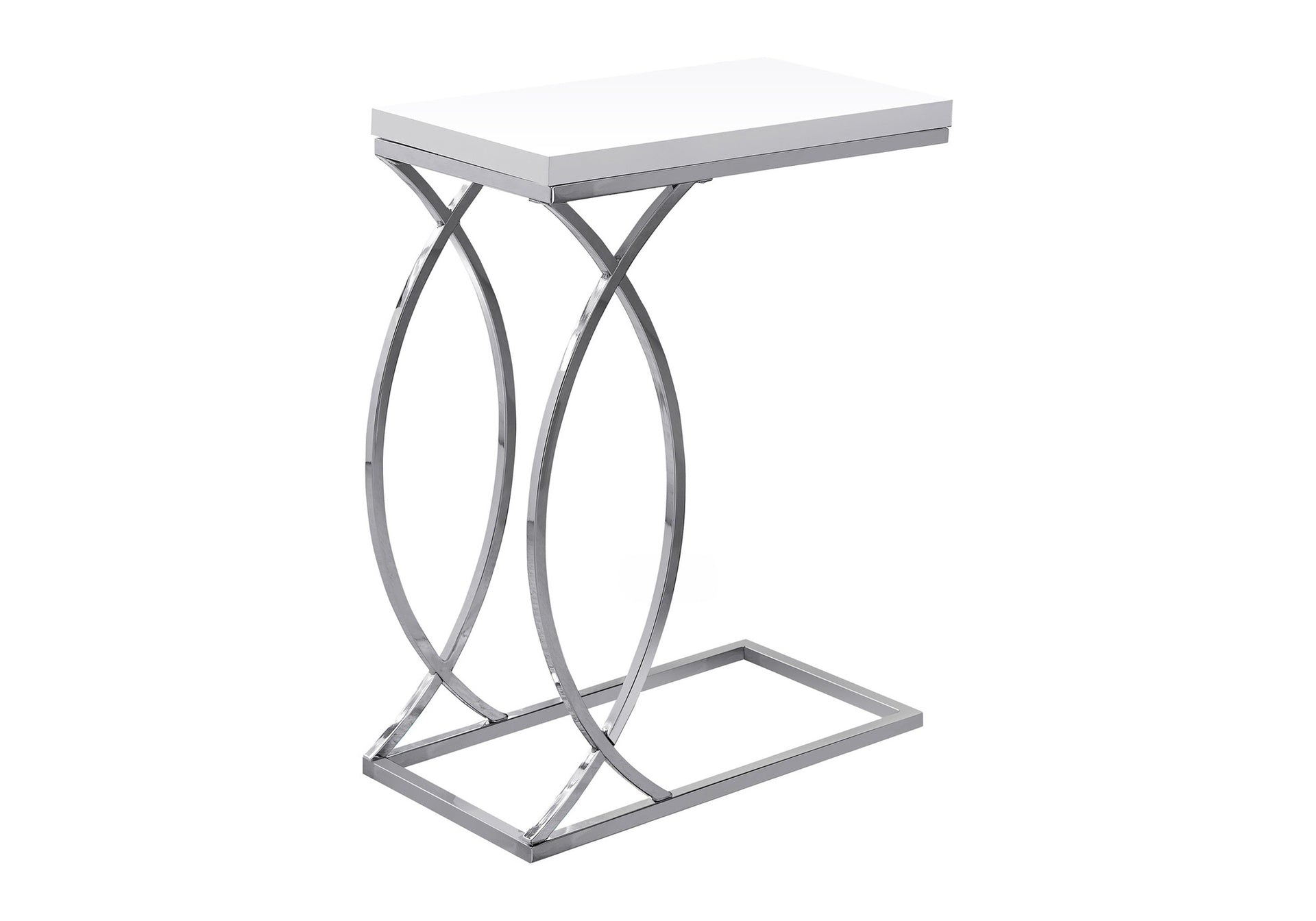 Accent Table, C-shaped, End, Side, Snack, Living Room, Bedroom, Glossy White Laminate, Chrome Metal, Contemporary, Modern