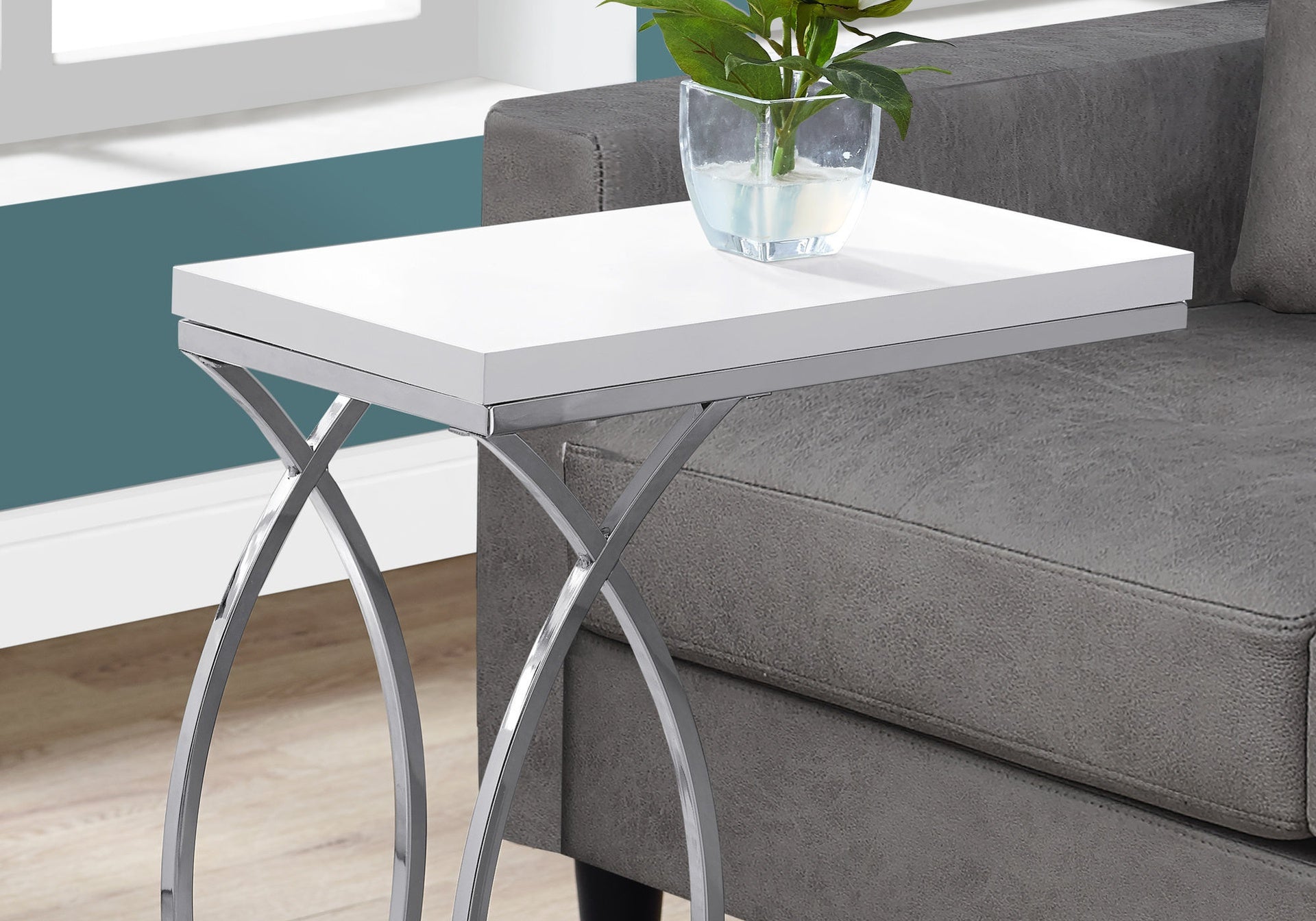 Accent Table, C-shaped, End, Side, Snack, Living Room, Bedroom, Glossy White Laminate, Chrome Metal, Contemporary, Modern