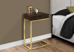 Accent Table, C-shaped, End, Side, Snack, Storage Drawer, Living Room, Bedroom, Brown Laminate, Gold Metal, Contemporary, Modern