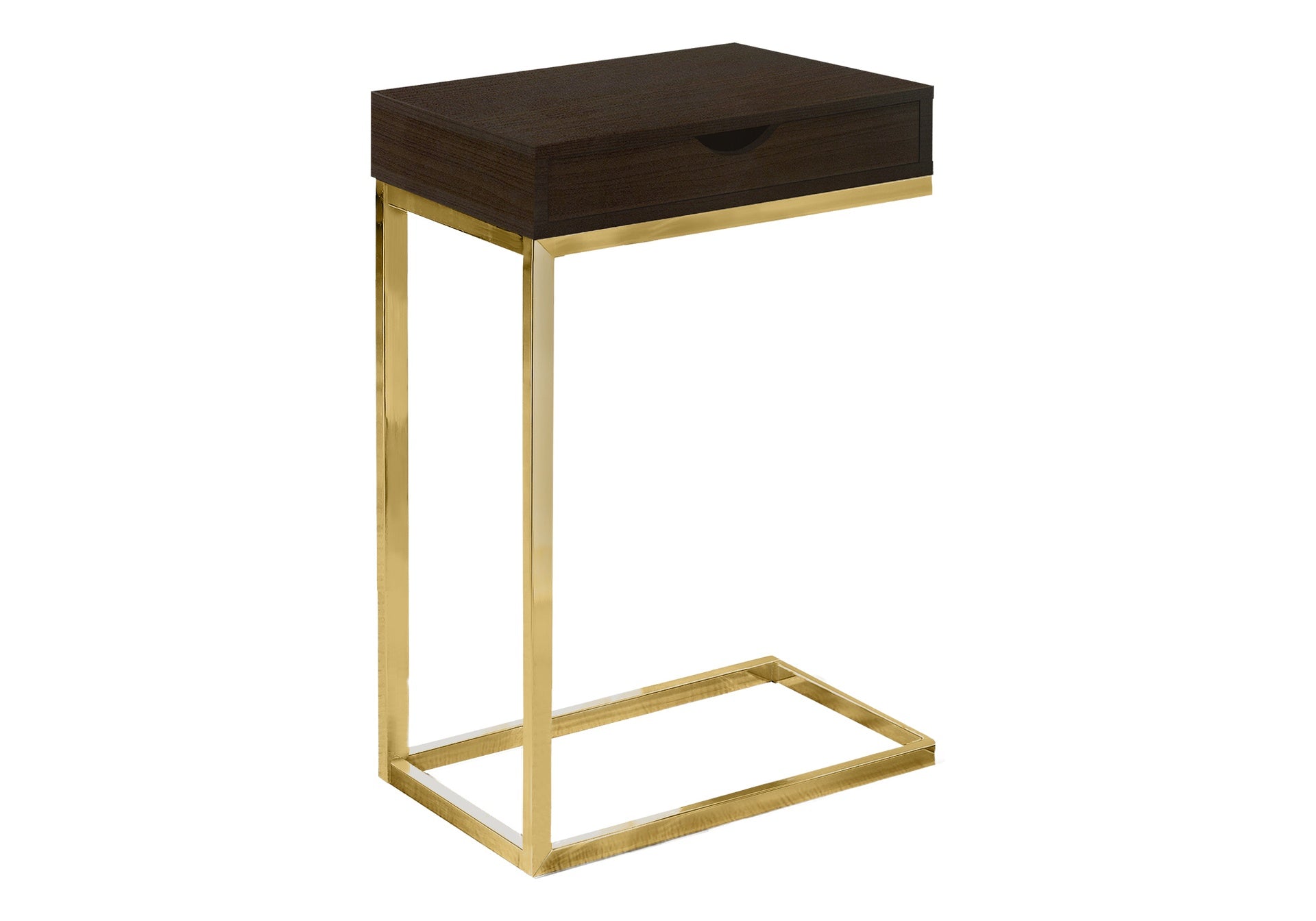 Accent Table, C-shaped, End, Side, Snack, Storage Drawer, Living Room, Bedroom, Brown Laminate, Gold Metal, Contemporary, Modern