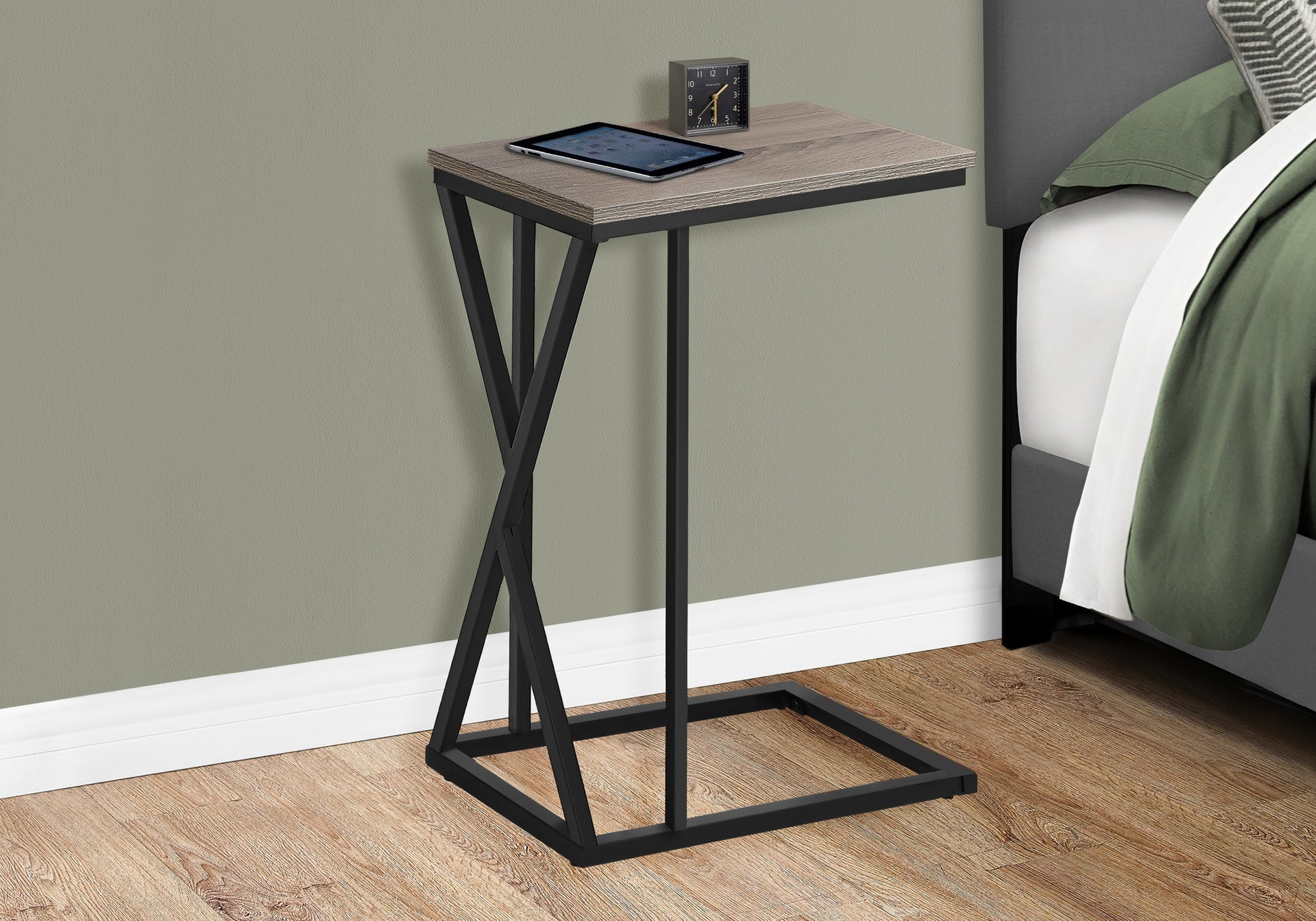 Accent Table, C-shaped, End, Side, Snack, Living Room, Bedroom, Brown Laminate, Black Metal, Contemporary, Modern