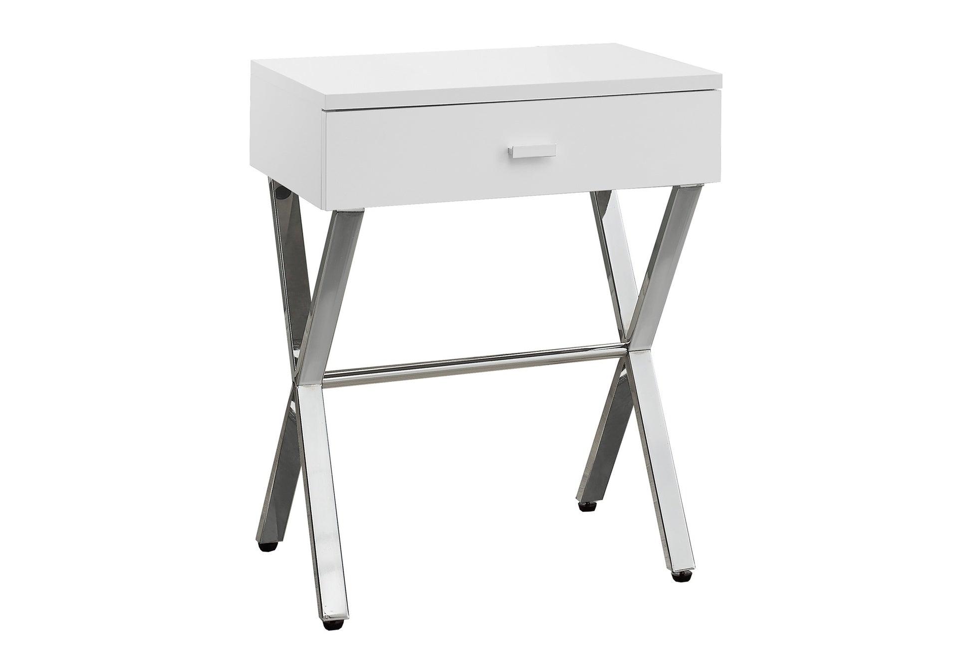 Accent Table, Side, End, Nightstand, Lamp, Storage Drawer, Living Room, Bedroom, Glossy White Laminate, Chrome Metal, Contemporary, Modern