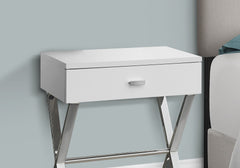 Accent Table, Side, End, Nightstand, Lamp, Storage Drawer, Living Room, Bedroom, Glossy White Laminate, Chrome Metal, Contemporary, Modern