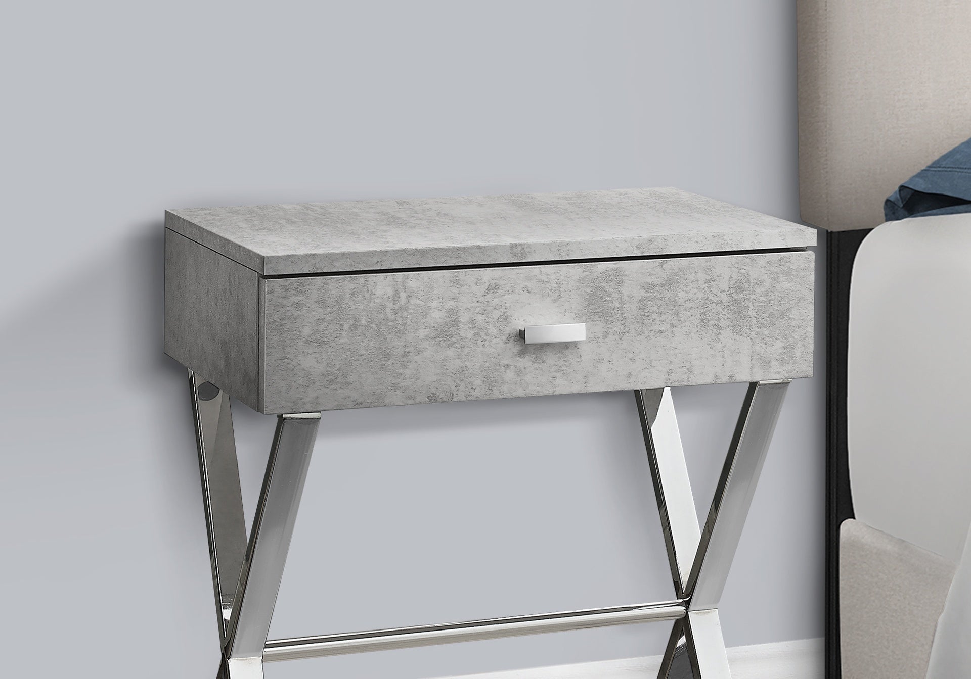 Accent Table, Side, End, Nightstand, Lamp, Storage Drawer, Living Room, Bedroom, Grey Laminate, Chrome Metal, Contemporary, Modern