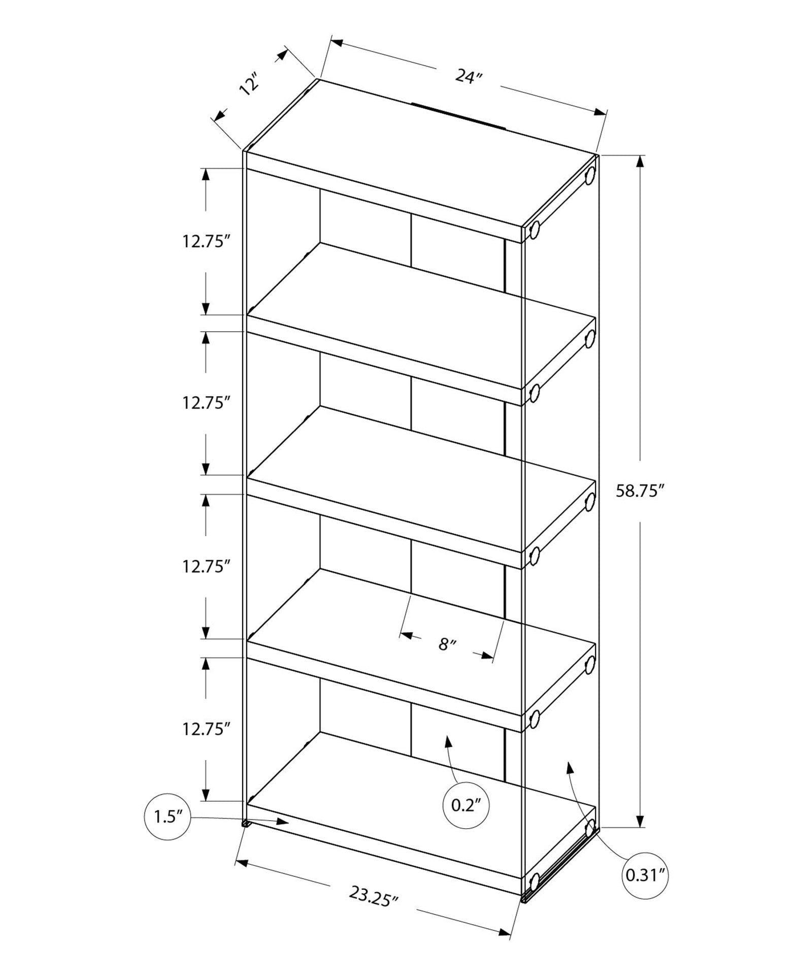 Bookshelf, Bookcase, Etagere, 5 Tier, 60"h, Office, Bedroom, Glossy White Laminate, Clear Tempered Glass, Contemporary, Modern