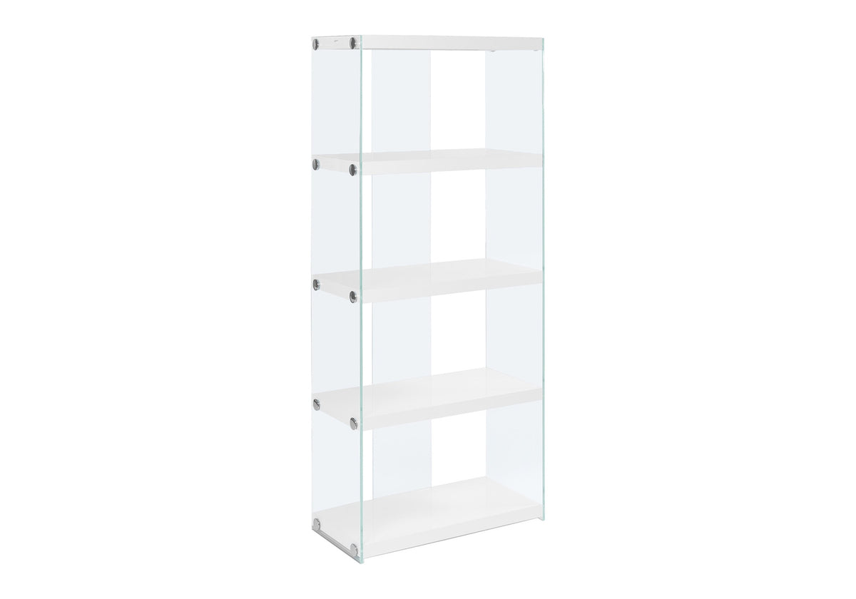 Bookshelf, Bookcase, Etagere, 5 Tier, 60"h, Office, Bedroom, Glossy White Laminate, Clear Tempered Glass, Contemporary, Modern