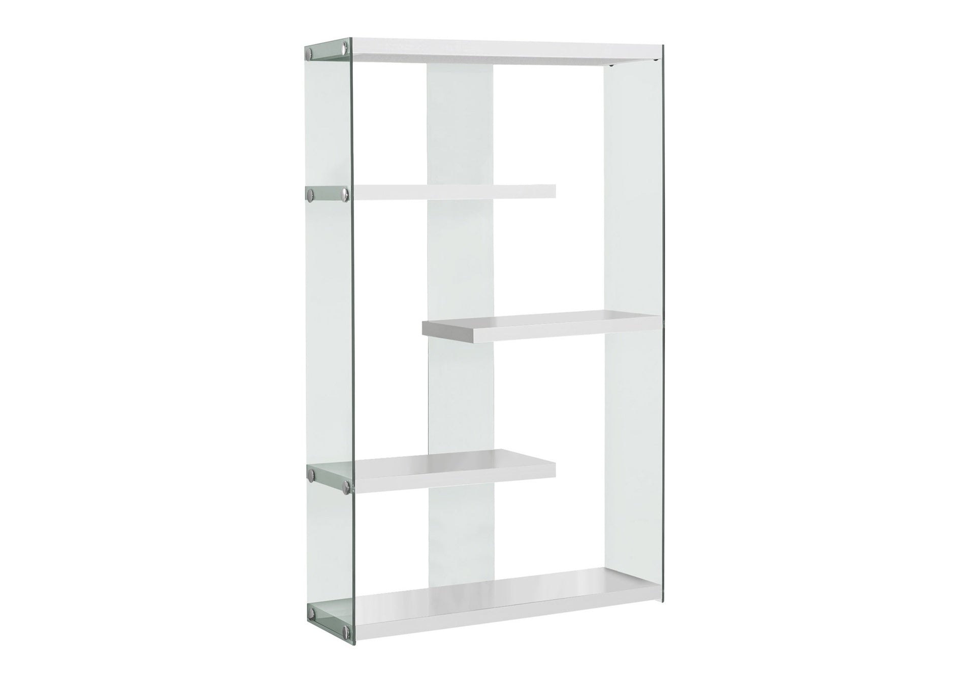 Bookshelf, Bookcase, Etagere, 5 Tier, 60"h, Office, Bedroom, Glossy White Laminate, Clear Tempered Glass, Contemporary, Modern