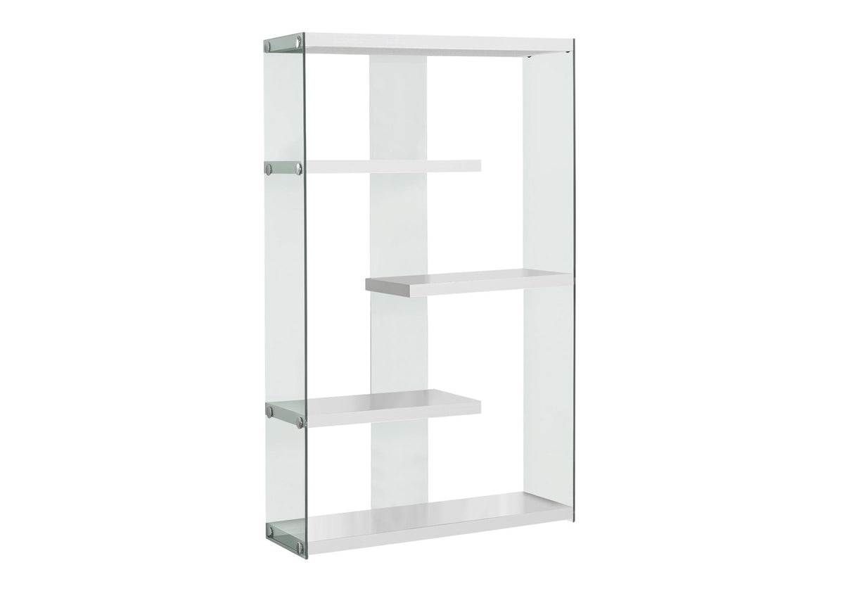 Bookshelf, Bookcase, Etagere, 5 Tier, 60"h, Office, Bedroom, Glossy White Laminate, Clear Tempered Glass, Contemporary, Modern