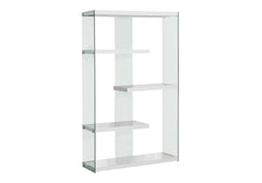 Bookshelf, Bookcase, Etagere, 5 Tier, 60"h, Office, Bedroom, Glossy White Laminate, Clear Tempered Glass, Contemporary, Modern