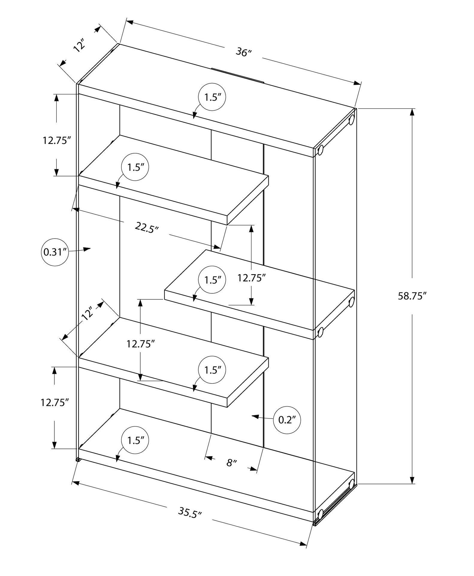 Bookshelf, Bookcase, Etagere, 5 Tier, 60"h, Office, Bedroom, Glossy White Laminate, Clear Tempered Glass, Contemporary, Modern