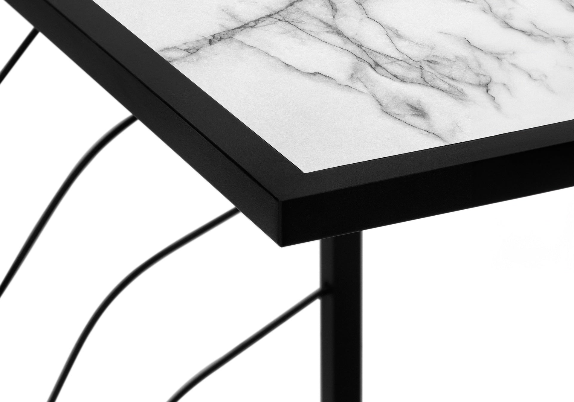 Accent Table, C-shaped, End, Side, Snack, Living Room, Bedroom, White Marble Look Laminate, Black Metal, Contemporary, Modern