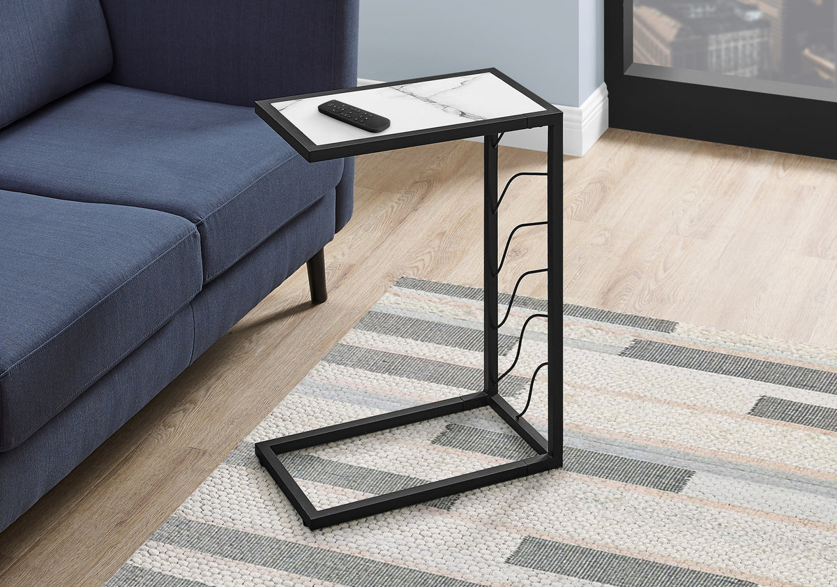 Accent Table, C-shaped, End, Side, Snack, Living Room, Bedroom, White Marble Look Laminate, Black Metal, Contemporary, Modern
