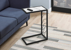 Accent Table, C-shaped, End, Side, Snack, Living Room, Bedroom, White Marble Look Laminate, Black Metal, Contemporary, Modern