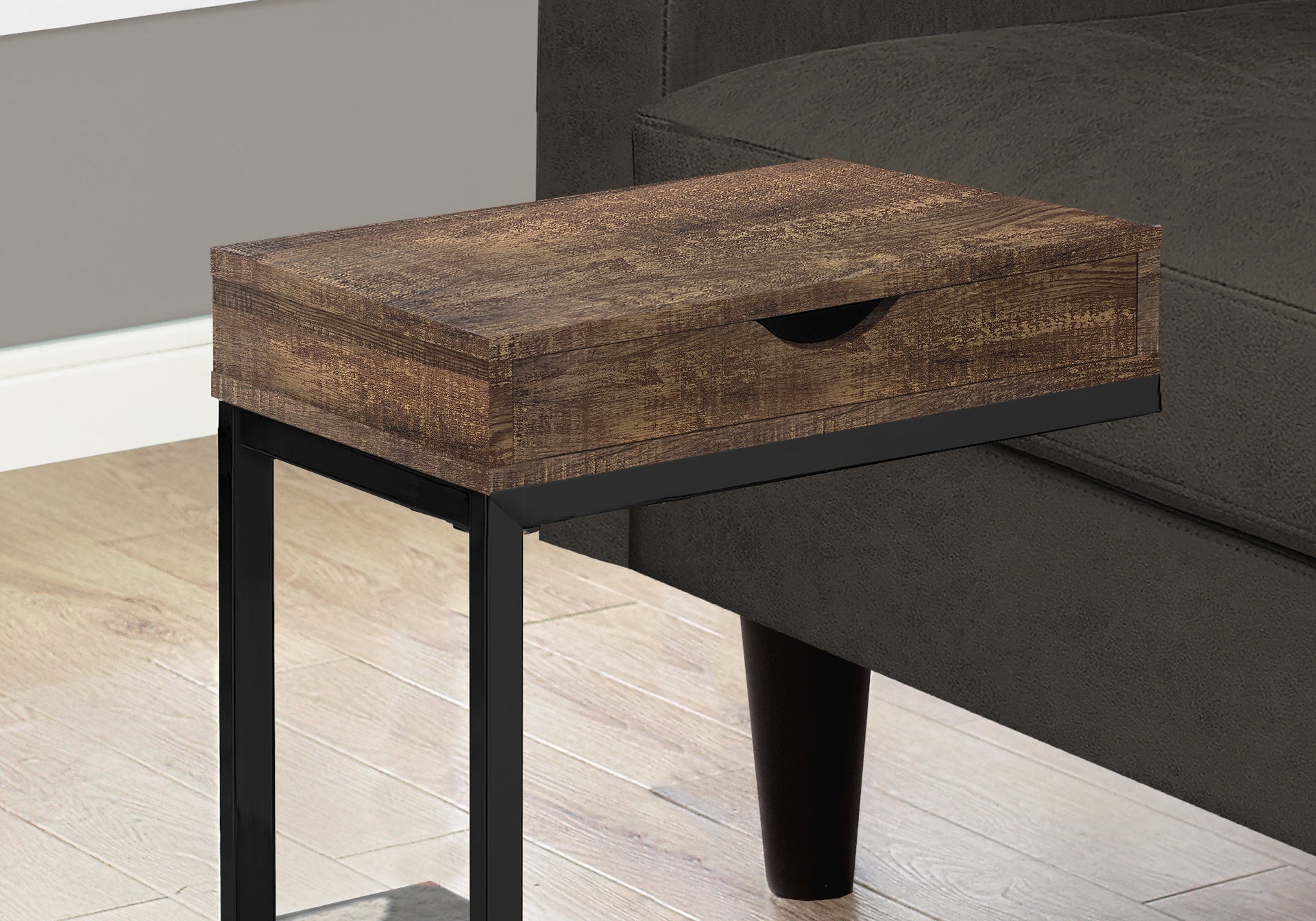 Accent Table, C-shaped, End, Side, Snack, Storage Drawer, Living Room, Bedroom, Brown Laminate, Black Metal, Contemporary, Modern