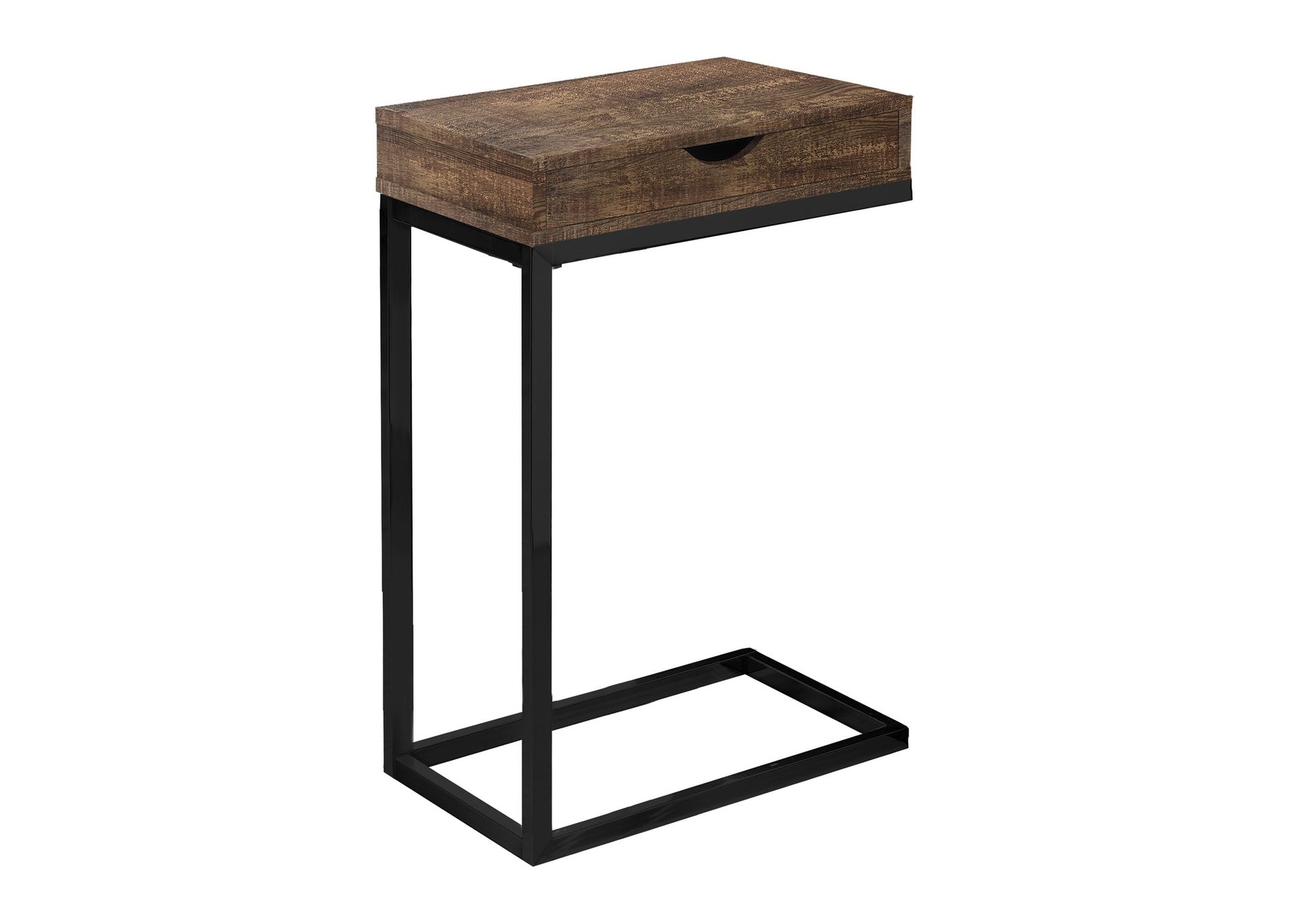 Accent Table, C-shaped, End, Side, Snack, Storage Drawer, Living Room, Bedroom, Brown Laminate, Black Metal, Contemporary, Modern