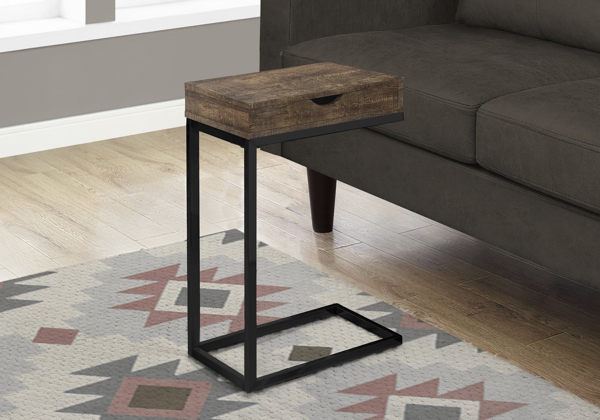 Accent Table, C-shaped, End, Side, Snack, Storage Drawer, Living Room, Bedroom, Brown Laminate, Black Metal, Contemporary, Modern