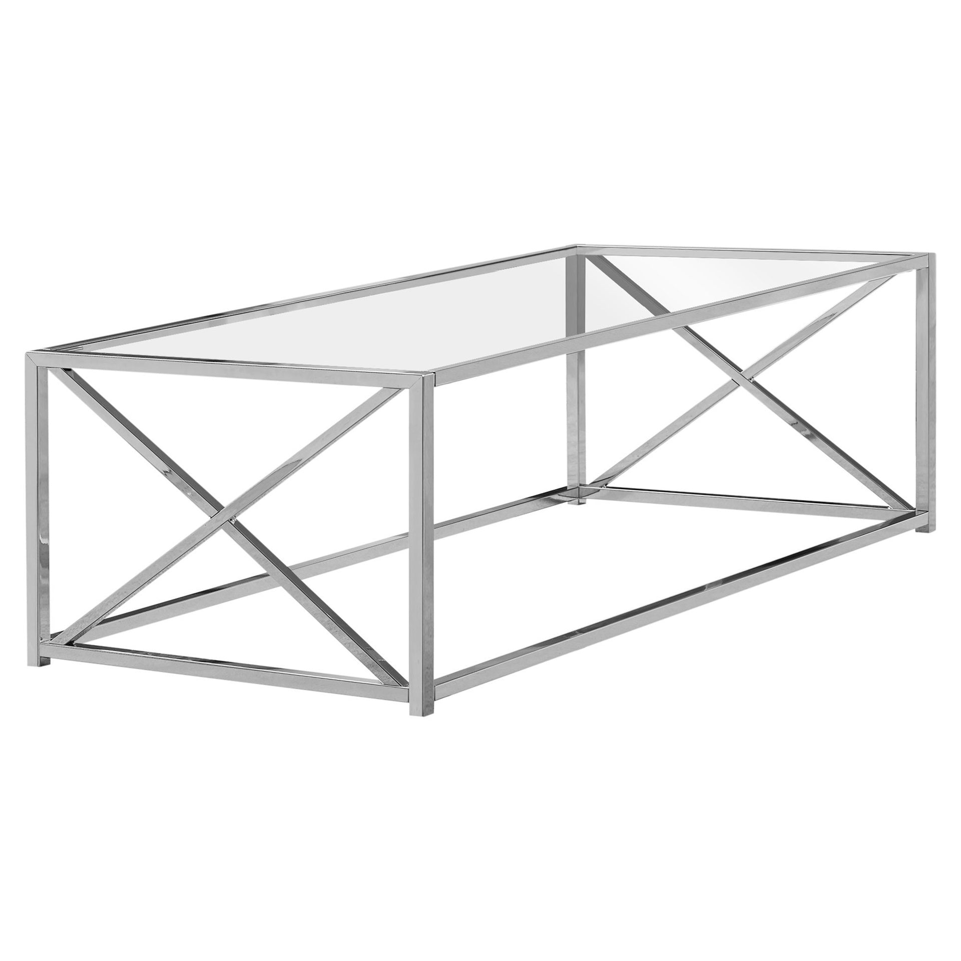 Coffee Table, Accent, Cocktail, Rectangular, Living Room, 44"l, Clear Tempered Glass, Chrome Metal, Contemporary, Modern