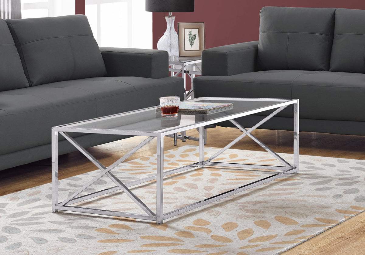 Coffee Table, Accent, Cocktail, Rectangular, Living Room, 44"l, Clear Tempered Glass, Chrome Metal, Contemporary, Modern